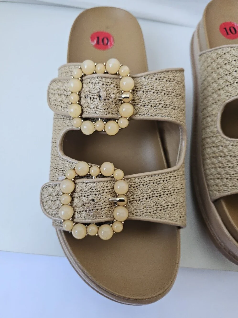 BCBGeneration Beau Raffia Beaded Buckle Slide Sandals - Size 10